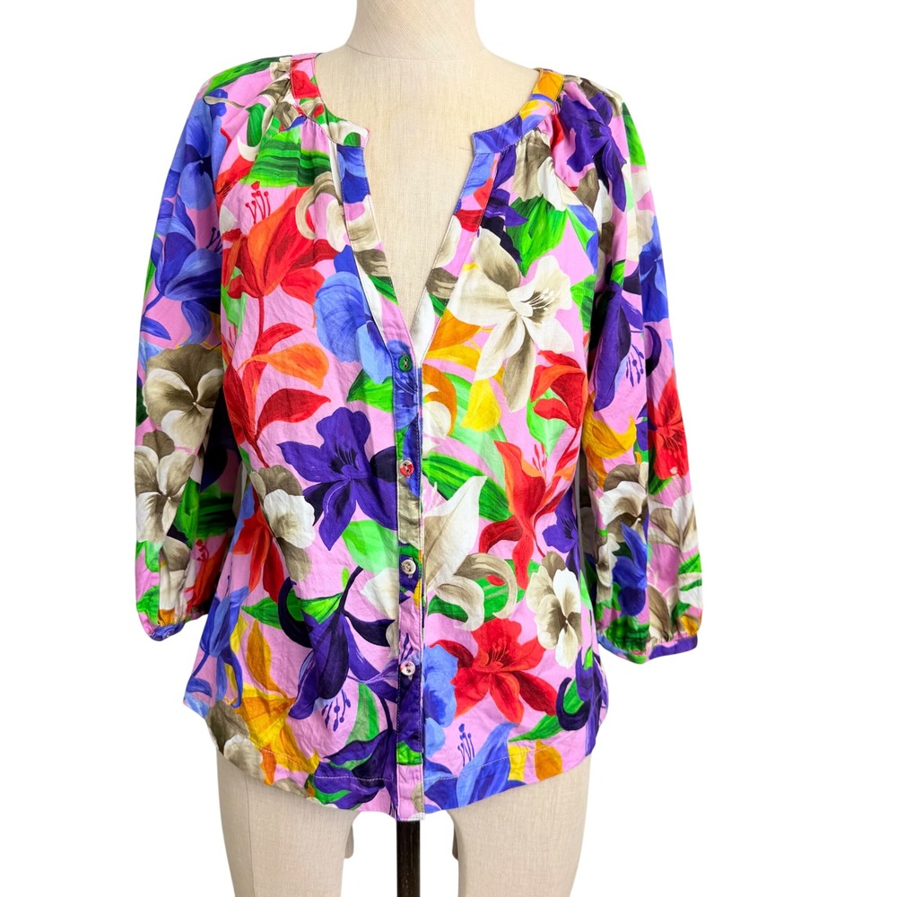Boston Proper Womens Floral Cotton Split V-Neck Button Front Blouse colorful S